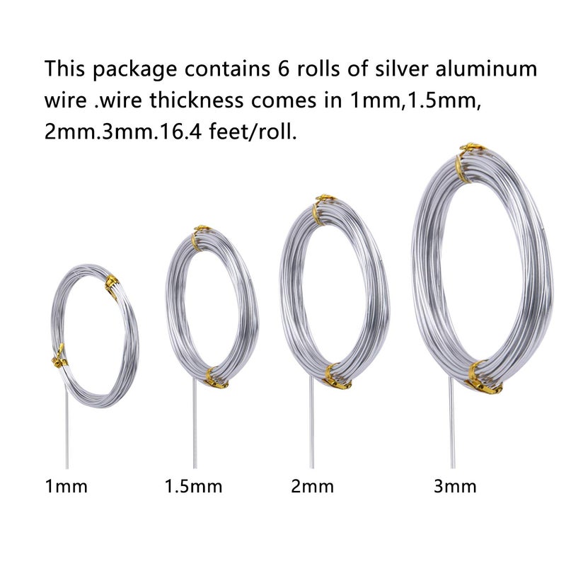 Sunmns 6 Rolls Silvery DIY Craft Art Aluminum Wire, 1mm, 1.5mm, 2mm, 3mm in Diameter - Image 2